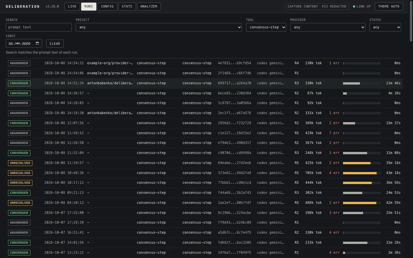 Runs tab filtered to consensus runs